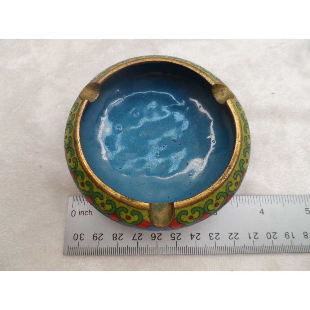 Vintage Chinese Cloisonné Enamel Round Ashtray Blue Floral Trinket Dish 3.5” - Picture 12 of 13